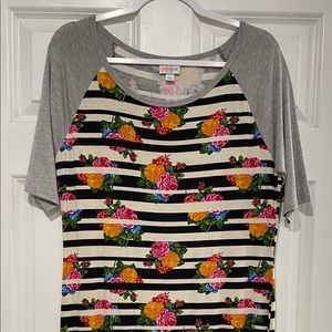 LuLaRoe Julia dress. Floral and stripe with grey sleeves. Excellent condition.
